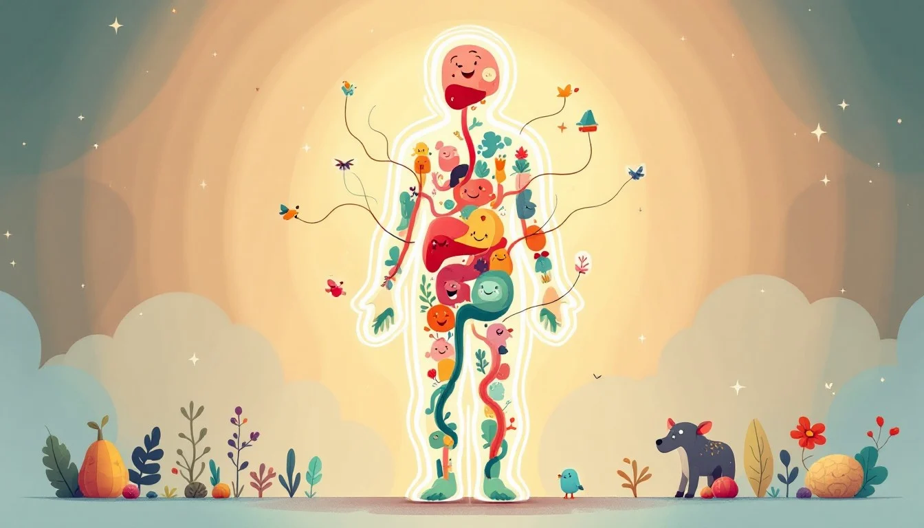 A whimsical illustration of a human figure with smiling organs and pathways, blending the body's systems with nature, plants, and animals in a harmonious scene.