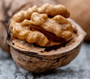 Close-up of a walnut half shell with the kernel exposed, showing the texture and details of the nut and shell.