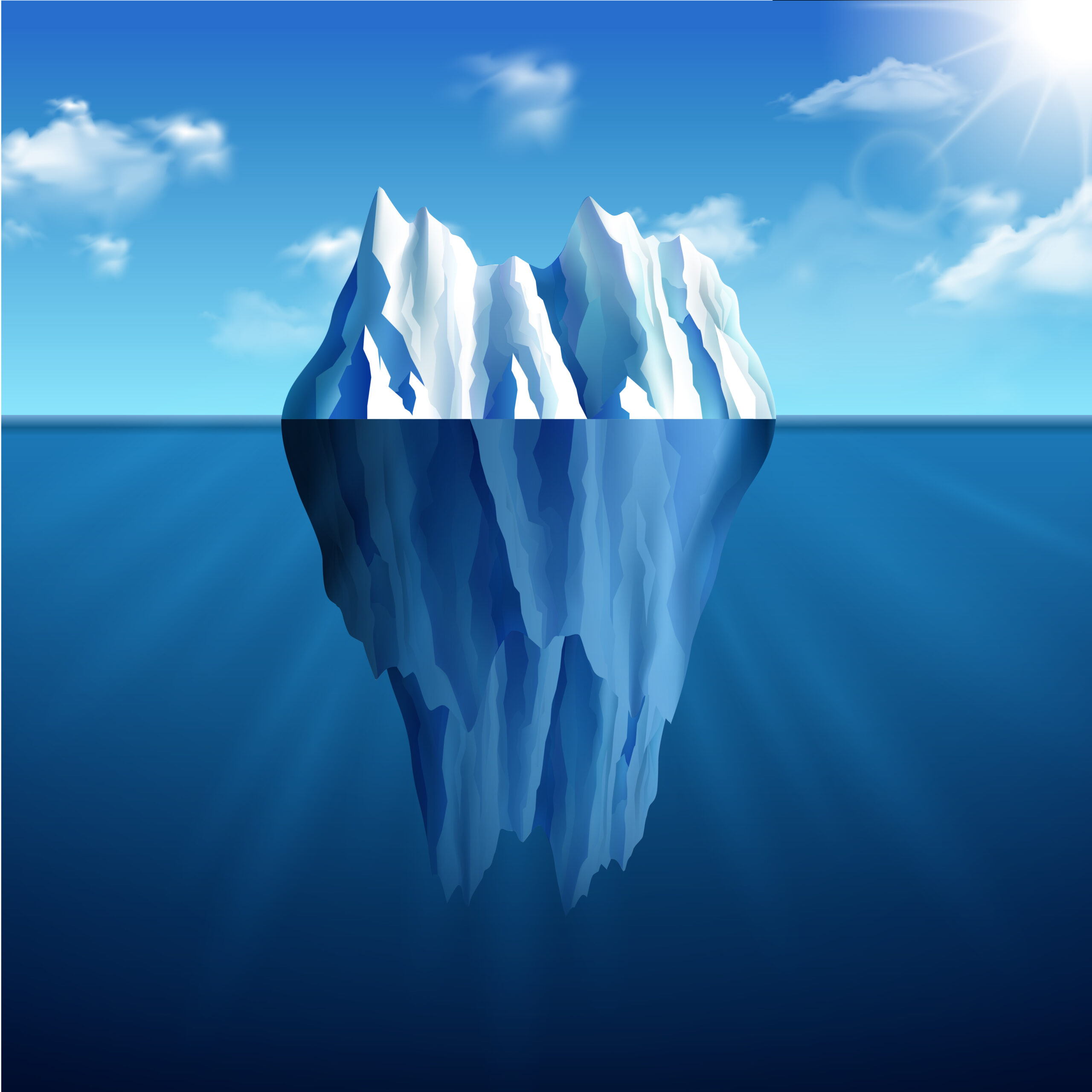 Blue background with iceburg showing what is below the surface of the water