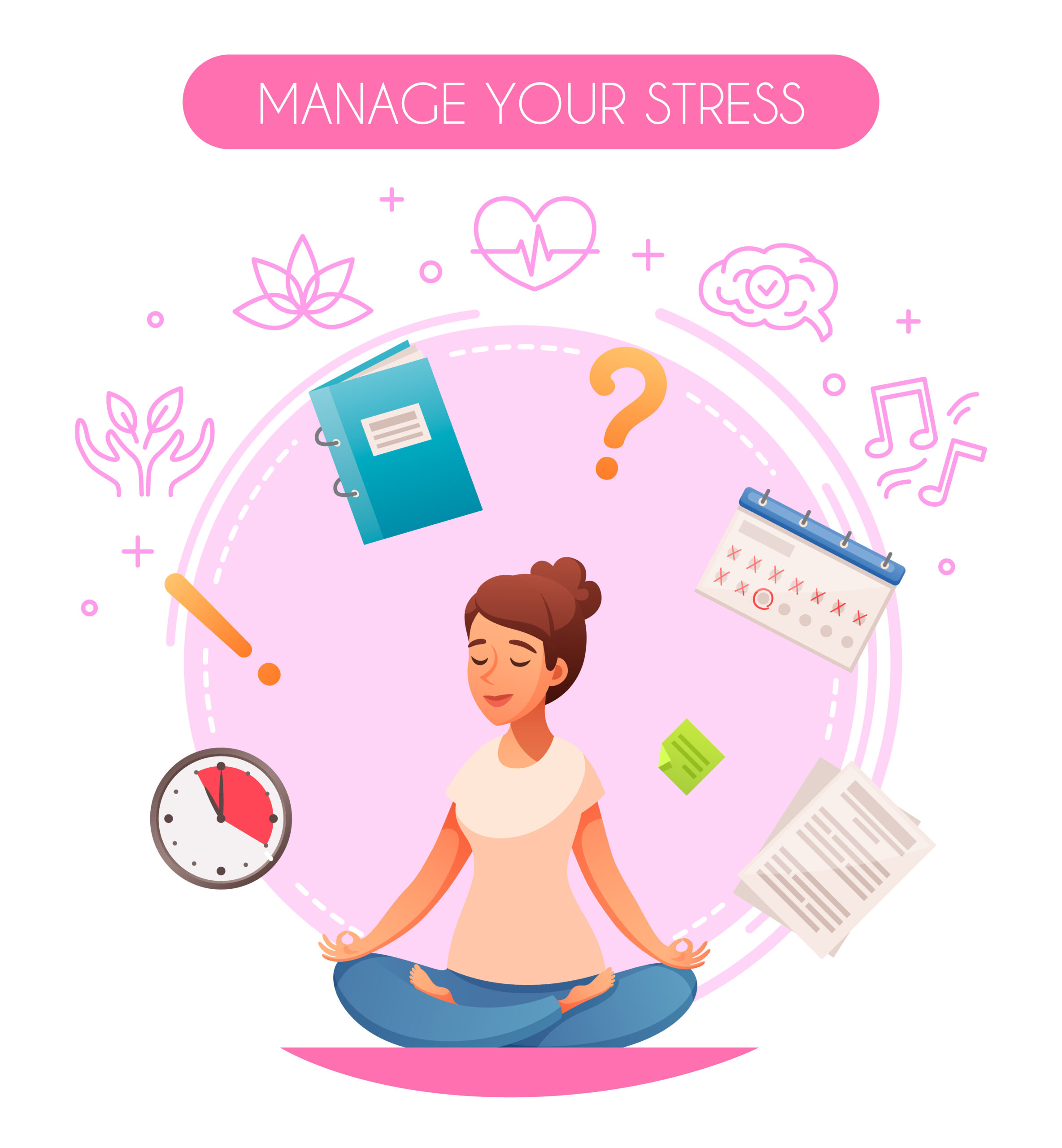 Cartoon woman sitting yoga style, cross-legged, with her to-do-list floating around her head.