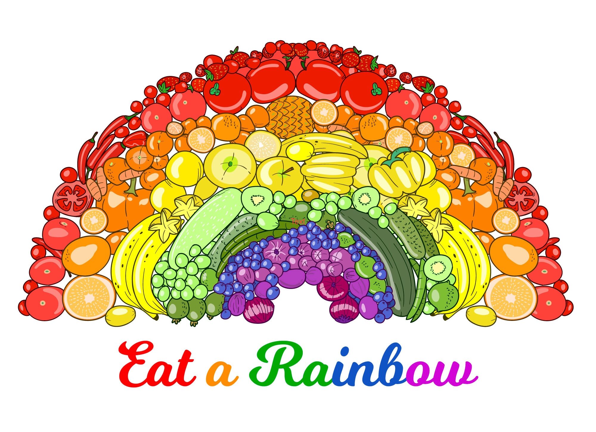 a rainbow arch made of fruits and vegetables in corresponding rainbow colors