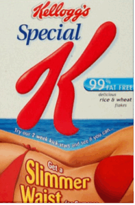 Special K cereal print ad from 1980 emphasizing 99% fat free. Cover is a womain in red bikini